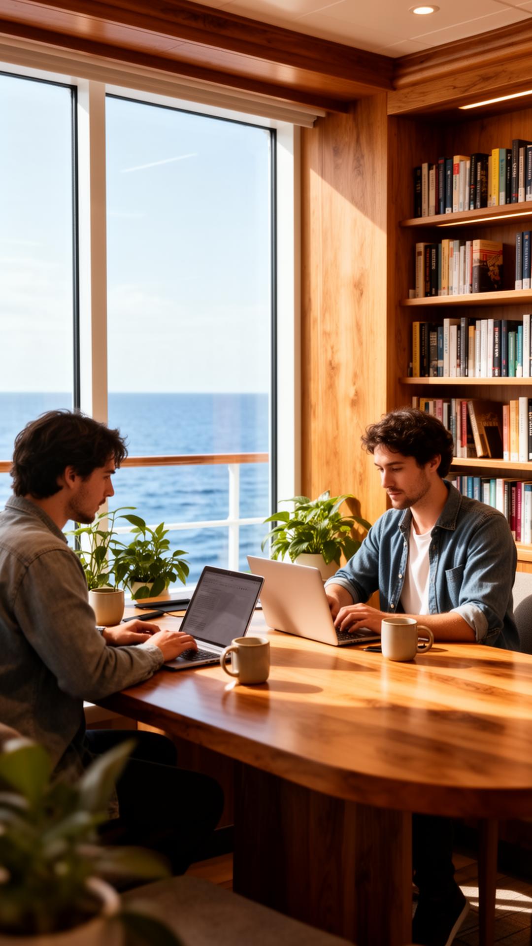 Remote workers and founders sharing a co-working library with a sea view.