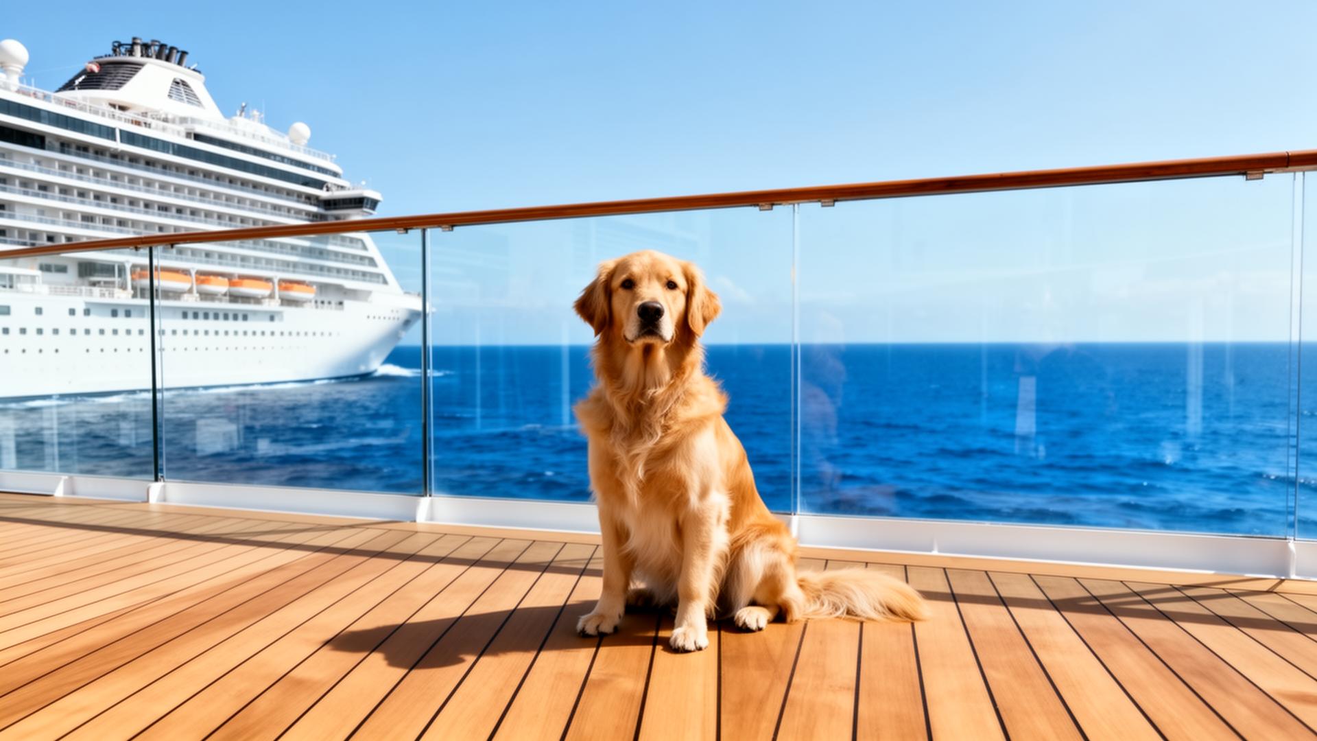 Golden retriever sitting on the teak deck of a large cruise ship behind a tall glass safety railing, bright blue ocean visible beyond