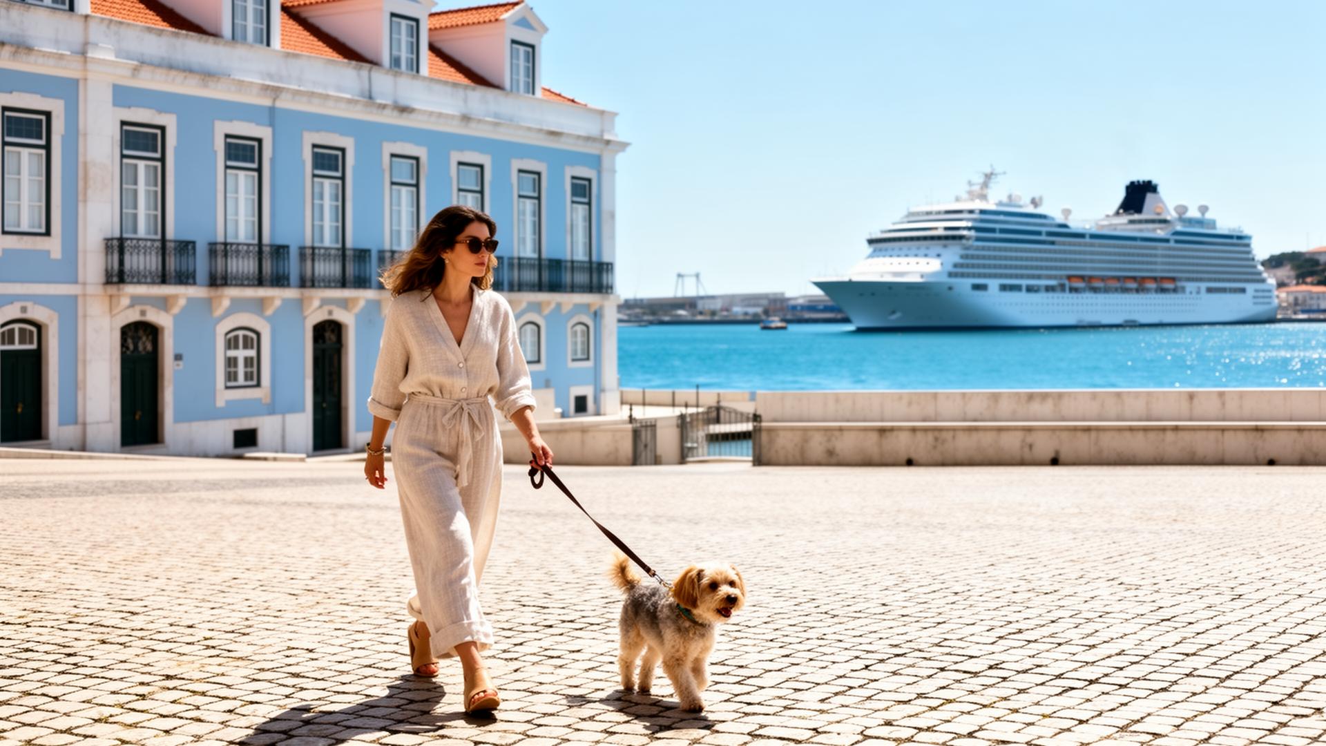 Stylish woman walking a small leashed dog along a sunlit Lisbon cobblestone street with a large cruise ship in the harbor behind