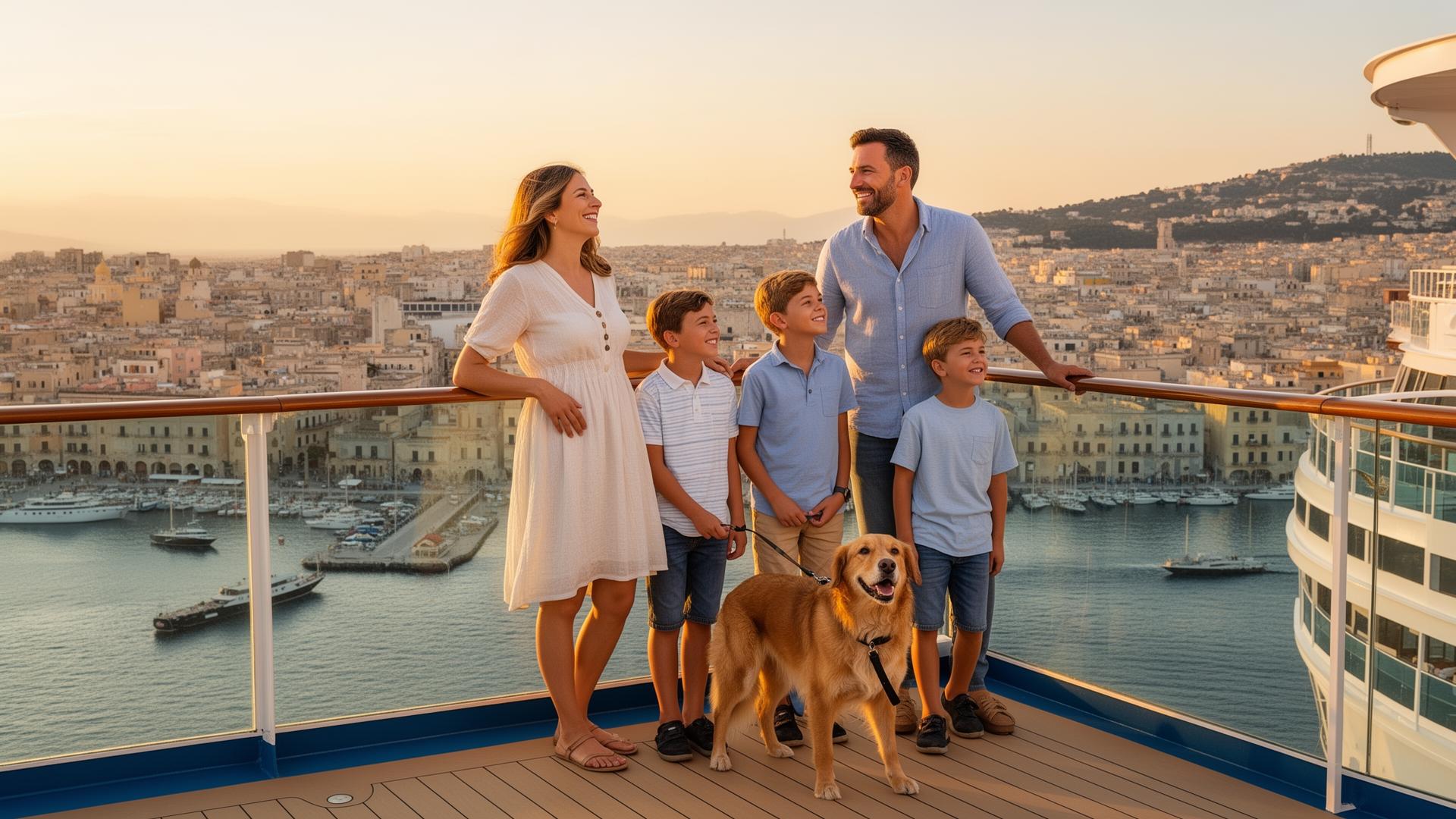 Smiling family with two children and a friendly golden dog standing at a cruise ship railing overlooking a Mediterranean port at sunset