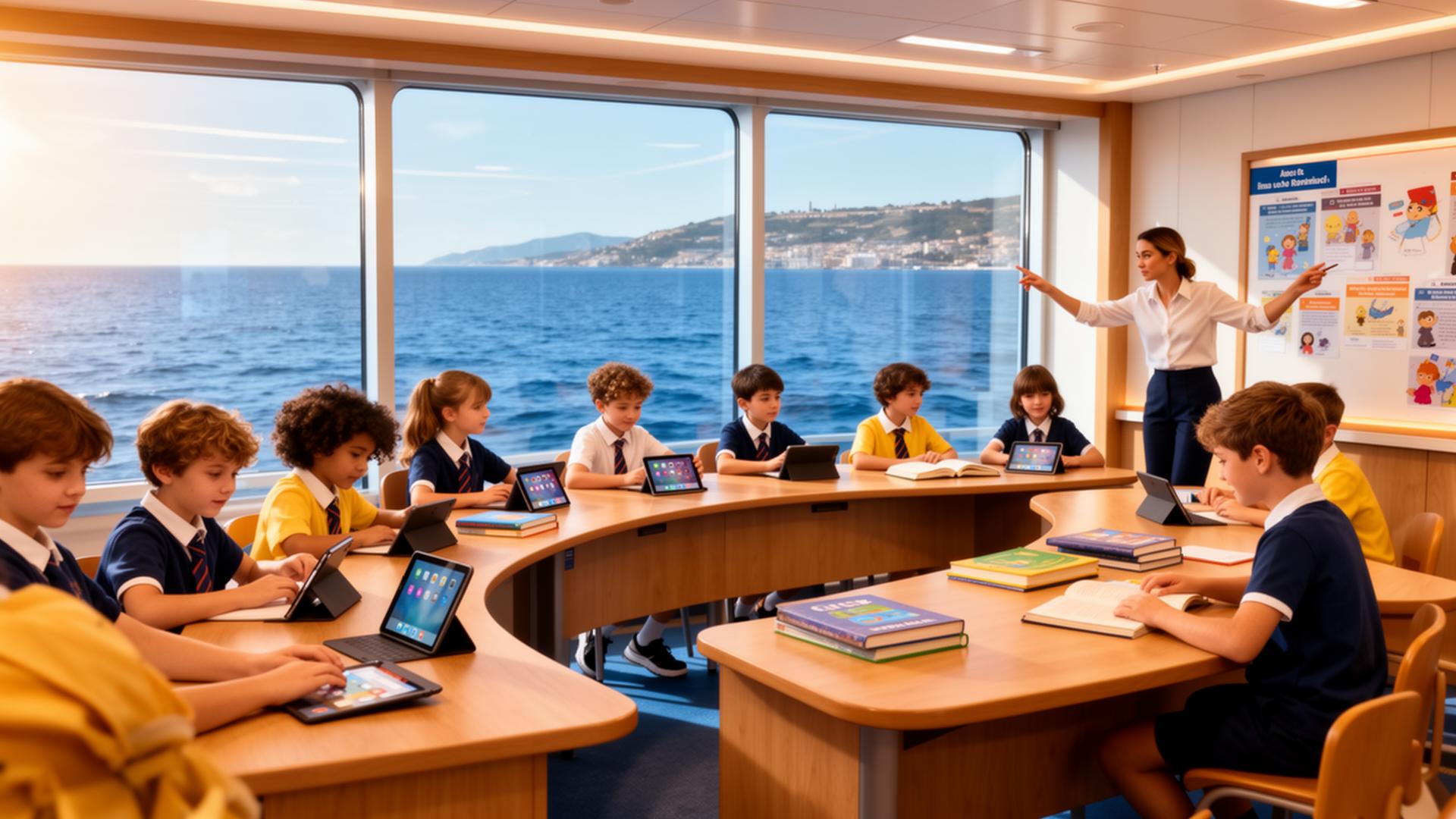 Bright classroom inside a cruise ship with children studying on iPads, ocean and coastline visible through floor-to-ceiling windows
