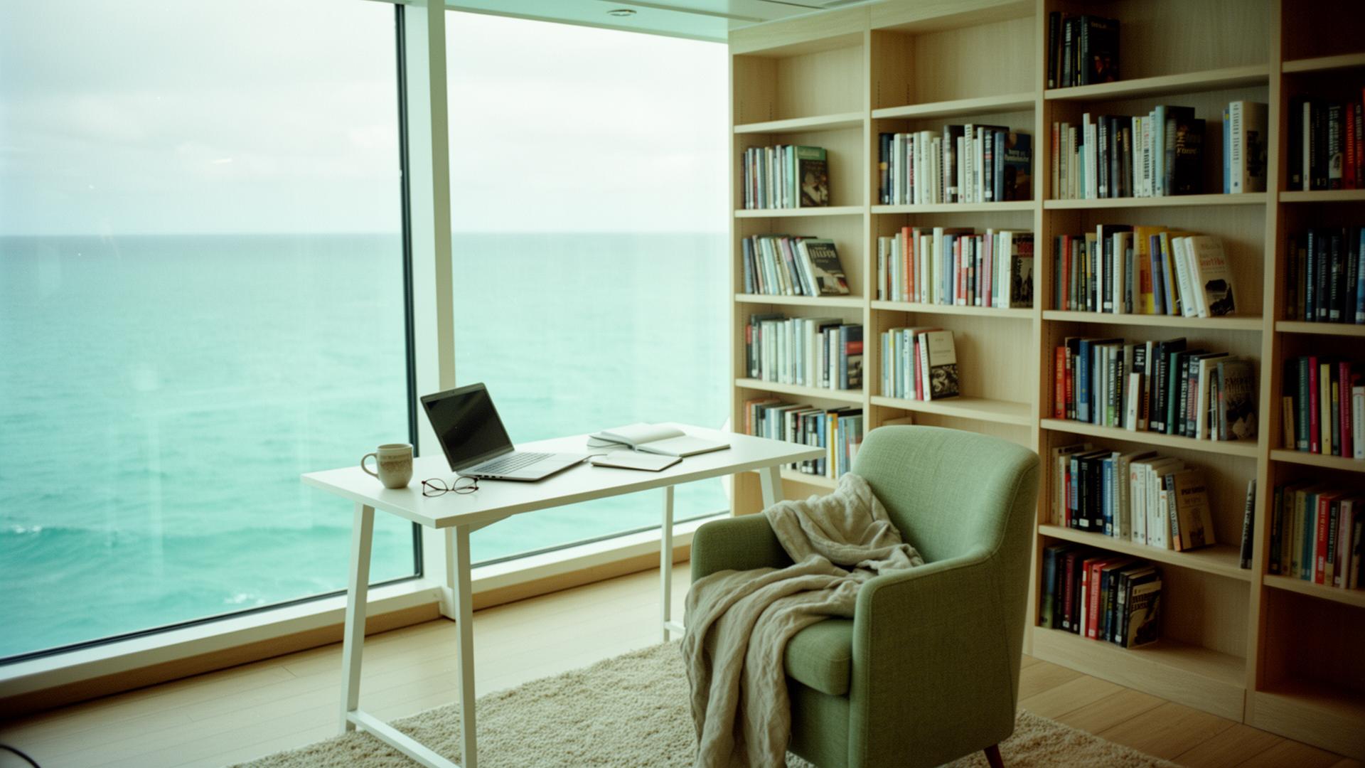Bright modern co-working library on a cruise ship with floor-to-ceiling windows overlooking calm turquoise ocean, white desk with a laptop and pale oak shelving