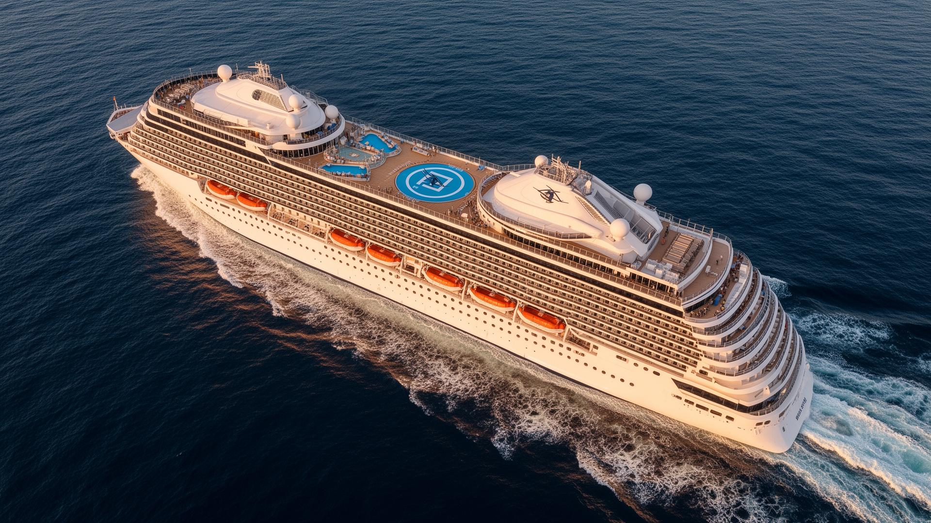 Aerial view of a massive modern cruise ship cutting through deep blue ocean at golden hour