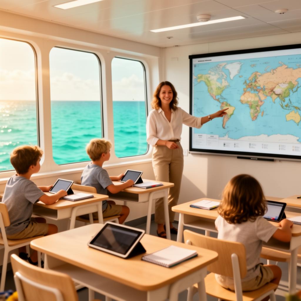 Bright onboard classroom with three children at desks and a teacher pointing at a world map, turquoise ocean visible through large windows