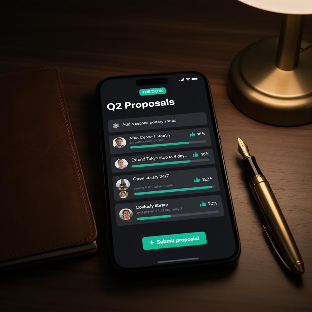 Smartphone on a dark walnut desk beside a leather notebook and fountain pen, screen showing The Deck quarterly proposals