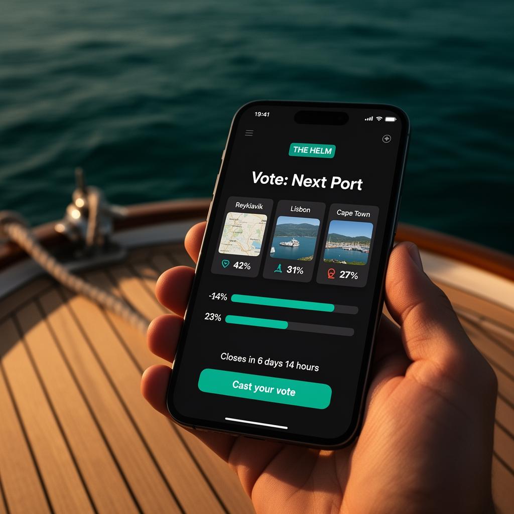 A hand holding a smartphone on a sunlit ship deck, screen showing The Helm — a vote on the next port with progress bars