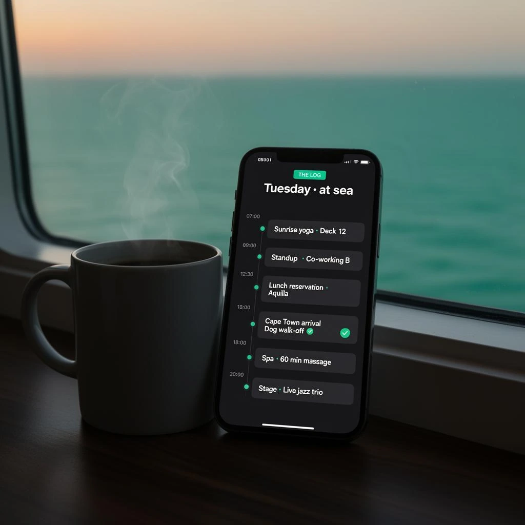 Smartphone propped by a coffee mug at a ship window at dawn, screen showing The Log daily timeline