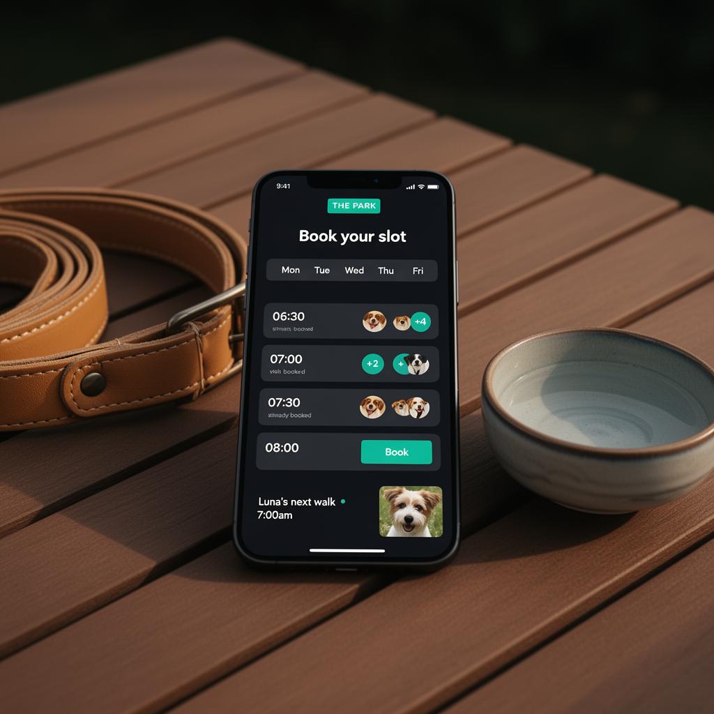 Smartphone on a teak deck table next to a tan leather dog leash, screen showing The Park time-slot booking