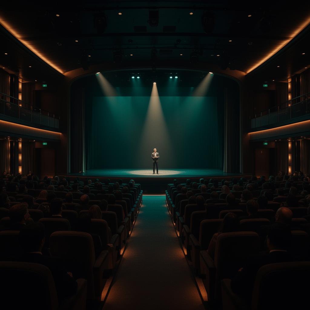 Dim 900-seat theatre on the ship with a single performer under a teal spotlight and audience silhouettes